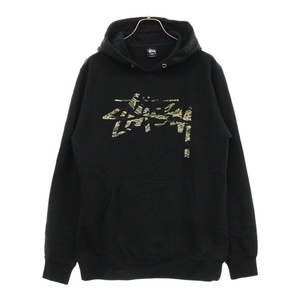 STUSSY ステューシー カモ柄ロゴ プルオーバーパーカー フーディ フードロゴ ブラック