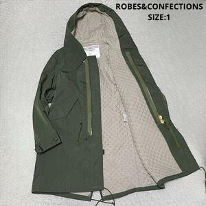 ROBES&CONFECTIONS ローブス&コンフェクションズ 中綿入り シワ加工ナイロンモッズコート ミリタリー 日本製 サイズ1 カーキ レディース