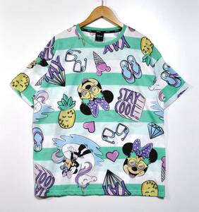 【Disney】ディズニー ミニー総柄ボーダー Tシャツ L 古着良品