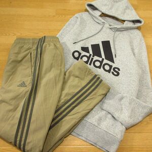 ◎使用少なめ！M 上下セット！adidas アディダス◆裏起毛 パーカー&ナイロンパンツ 秋冬！◆メンズ グレーxサンド◆BA1298