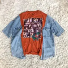 ブランド不明オーバーサイズ再構築デニムシャツ×Tシャツリメイクカットソー