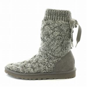 アグ オーストラリア UGG australia イスラ ショートブーツ ニット スエード 切替 編み込み リボン US7 24cm グレー /BB レディース