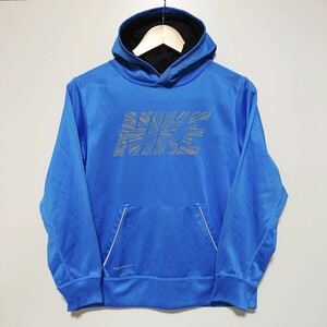 H8727gg NIKE（ナイキ） サイズL 155/76（キッズ150cm位）パーカー ブルー系 裏起毛 スポーツ ロゴプリント フード サーマフィット