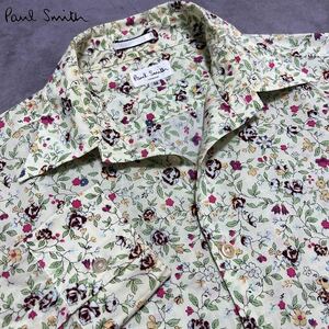 極美品●Paul Smith LONDON ポールスミス ロンドン 花柄 フラワー 総柄 長袖シャツ ドレス カジュアル コットン 綿 イエロー系 春夏 メンズ