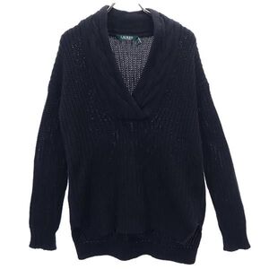 ラルフローレン ケーブル編み 長袖 Vネック コットンニット セーター XXS 黒 RALPH LAUREN レディース