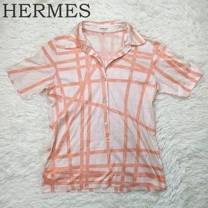 HERMES エルメス マルジェラ期 ボルデュック リボン柄 半袖ポロシャツ オレンジ系 レディース カットソー Tシャツ 襟付き 透け感 中古