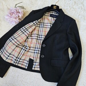 大きいサイズ 42 極美品 バーバリー ロンドン【アンゴラ 総柄 ノバチェック ＸL】BURBERRY LONDON シングル テーラードジャケット ブラック