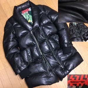 定価73,000円 MAKIN JAN MA マーキンヤンマ 2009AW 極上 羊革 ラムレザー 裏地ボタニカル総柄 ダウンコート メンズ M 細身 黒 ブラック