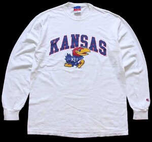 ★00s Championチャンピオン KANSAS マスコット コットン 長袖Tシャツ 白 M★オールド ロンT カットソー カレッジ