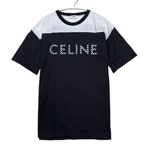 美品/スタッズ/セリーヌ◎CELNE ルーズTシャツ スタッズ付きデカロゴ モノクロ ブラック 黒 ホワイト 白 コットン 綿 実寸M相当 半袖