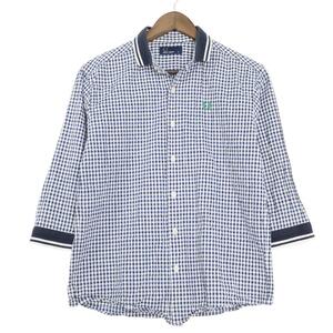 フレッドペリー FRED PERRY ギンガム チェック 七分袖 シアサッカー クレリック シャツ カットソー トップス M ブルー ホワイト ur12