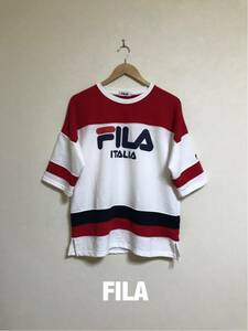 【美品】 FILA ITALIA フィラ ビッグロゴ スウェット トレーナー トップス サイズM 半袖 白 赤 ネイビー FH7187