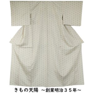 単衣 着物 紬 麻の葉模様 生成り色系 Sサイズ 紬 中古 女性和服 着物 紬 リサイクル着物 リサイクル紬 正絹 天陽