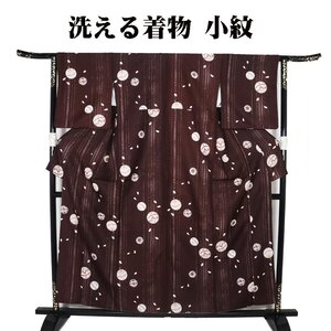 小紋 化繊 赤茶紫 手毬 桜花びら 縦縞 Mサイズ A5185 新品 着物 こもん レディース ポリエステル ギフト 春秋冬シーズン 送料込み　　