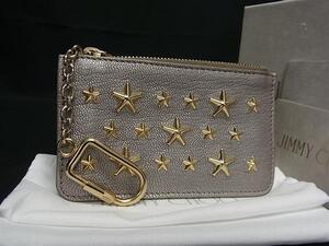 1円 ■美品■ JIMMY CHOO ジミーチュウ MAE スタースタッズ レザー コインケース コインパース 小銭入れ グレー系×ゴールド系 FE6958