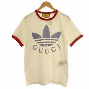 グッチ GUCCI 22SS adidas コラボ リンガーTシャツ 702612 GG柄 トレフォイルロゴ 半袖 XS 白 赤