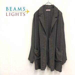 1N1214-K◆良品 BEAMS LIGHTS ビームスライツ 長袖ジャケット◆size36 カーキ チェック 薄手 とろみ感 前開き ウエストベルト レディース