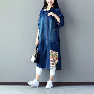 大人気 YTレディーストップス　ロングシャツ　長袖デニムワンピース　チュニック素敵柄