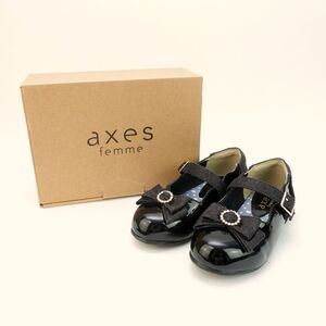 美品 axes femme アクシーズファム L 20.0 フォーマルシューズ キッズシューズ リボン ストラップ リボン エナメル ラメ 黒 箱付き/PC177