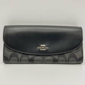 COACH コーチ シグネチャー PVC×レザー フラップ 長財布 黒 F54022