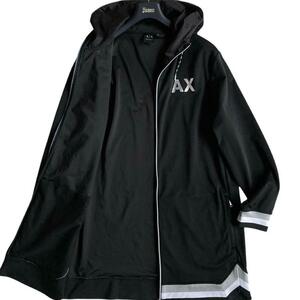 極美品/XL相当 ARMANI EXCHANGE ジップ パーカー ロング ジャケット コート Wジップ 胸元ロゴ メンズ 黒 アルマーニ エクスチェンジ