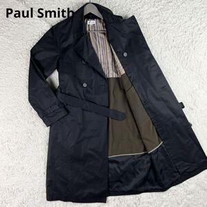 【美品 希少サイズL】 Paul Smith ポールスミス 【着丈110cm!!】 メンズ ダブル トレンチコート アウター ライナー ストライプ ブラック