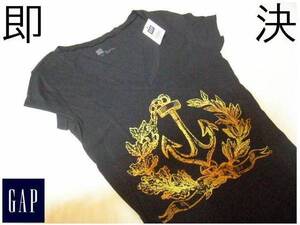 即決 USA正規店購入GAP大胆Vネック袖短TシャツUS XS（NAVY) 新品