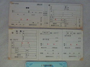 珍品　錦川鉄道（現　錦川清流線、旧　岩日線）通勤定期　往復乗車券　錦町→行波　硬券　見本　合計３種　錦町駅