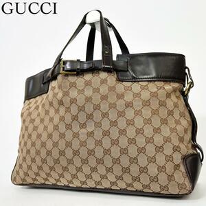 美品・人気モデル GUCCI グッチ トートバッグ ハンドバッグ ビズネスバッグ GG A4収納 キャンバス レザー ブラウン