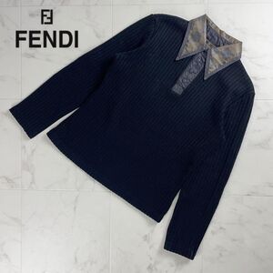 FENDI jeans フェンディ 襟切替 リブ エルボーパッチ襟付き長袖カットソー ハーフボタン トップス レディース 黒 ブラック サイズ42*SC160