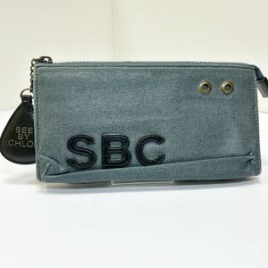 ◆SEE BY CHLOE シーバイクロエ　長財布◆　デニム生地　小銭入れ有　ロゴ刻印 チャーム付き 【USED】 0320