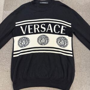 国内正規　美品　ヴェルサーチ　VERSACE ウール　ニット　セーター　ジャガードロゴ　ブラック　黒　50 XLサイズ