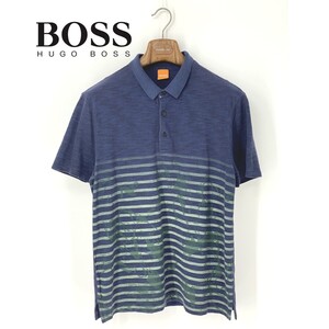 A9561/美品 春夏 HUGO BOSS ヒューゴ・ボス コットン ボーダー 迷彩 ペイント風加工 半袖 ポロシャツ Tシャツ カットソー M 紺 メンズ