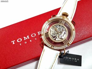 ★未使用★稼働品◎ TOMORA TOKYO トモラ T1607 スケルトン 手巻き 3針 腕時計 革ベルト ホワイト×ピンクゴールド ケース付き 8994M5-14