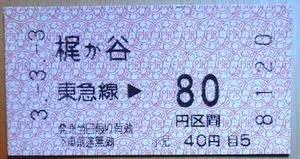 ●●平成3年3月3日（ゾロ目）＊東急電鉄＊田園都市線＊梶ヶ谷駅発行の乗車券●●