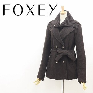 ◆FOXEY BOUTIQUE フォクシー ウール レイヤード風 リボンベルト付 ダブル ハーフ コート ダークブラウン 40