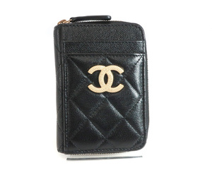 美品 CHANEL シャネル コインケース ジップ フラグメントケース コンパクト財布 シャイニーグレインドカーフスキン AP2966 ブラック /33341