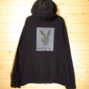 ◎PLAYBOY プレイボーイ◆ダブルジップパーカー デカプリント フード スウェット うさぎ ウサギ ストリート ◆メンズ 黒 Mサイズ◆AA1299