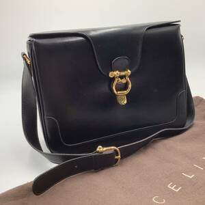 1円　極美品 CELINE セリーヌ ショルダーバッグ ハンドバッグ ヴィンテージ レザー ブラック 黒 フォーマル ポシェット 馬車金具 