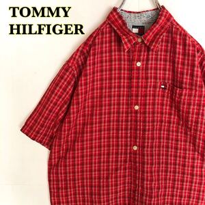 TOMMY HILFIGER トミーヒルフィガー　半袖シャツ　チェックシャツ　赤系　XLサイズ　【AY0129】