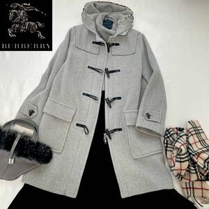 ◆大きいサイズ◆美品◆バーバリー◆BURBERRY 40/11号/L メガチェックトリム☆ヘリンボーンウールロングダッフルコート アイスグレー 