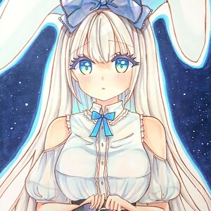 【A4】オリジナル手描きイラスト うさぎ耳カチューシャの少女 たくしあげ ウサミミ♪