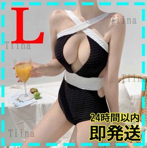 L 黒 セクシー バイピング ワッフル 韓国 ワンピース 水着 シフォン 大人 体型カバー パフスリーブ 