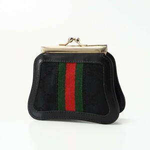 GO9789▼イタリア製▼オールドグッチ GUCCI*ヴィンテージ*シェリーライン がま口 口枠式 財布 ウォレット 小銭入れ 仕切りあり*ブラック系