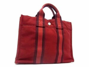 1円 ■美品■ HERMES エルメス フールトゥPM キャンバス シルバー金具 ハンドバッグ レディース レッド系 AZ4516