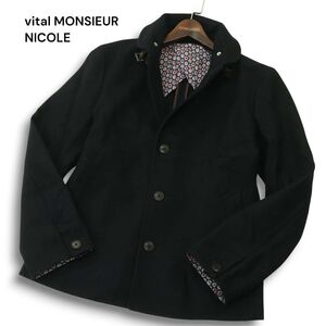 美品★ vital MONSIEUR NICOLE ムッシュ ニコル 秋冬 裏地デザイン柄 メルトンウール★ シングル コート Sz.50　メンズ 紺　A4T12161_B#N