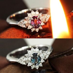 【鑑別書付】 カラー激変 特品！ アレキサンドライト 0.38ct ダイヤモンド Pt900 プラチナ 取り巻き リング 指輪 6月誕生石