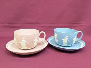 R214-N35-3278 WEDGWOOD ウェッジウッド ジャスパー カップ＆ソーサー 青 ピンク 茶器 ティーカップ 現状品3