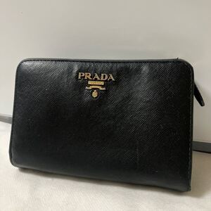 PRADA プラダ コンパクトウォレット L字ファスナー 小銭入れ サフィアーノレザー ブラック系 