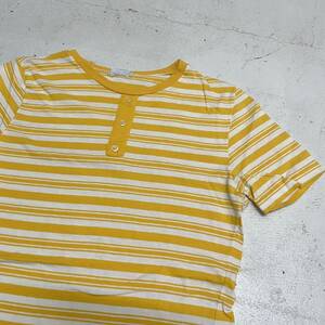 70s Katerd ヘンリーネック Tシャツ Mサイズ / ヴィンテージ VINTAGE ボーダー柄 総柄 半袖 小さいサイズ 黄色 カナダ y2K 70年代